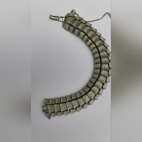 Art Deco Puccini Metal Crocodile Style Bracelet Wide Signed Silver Toned - Picture 4 of 15